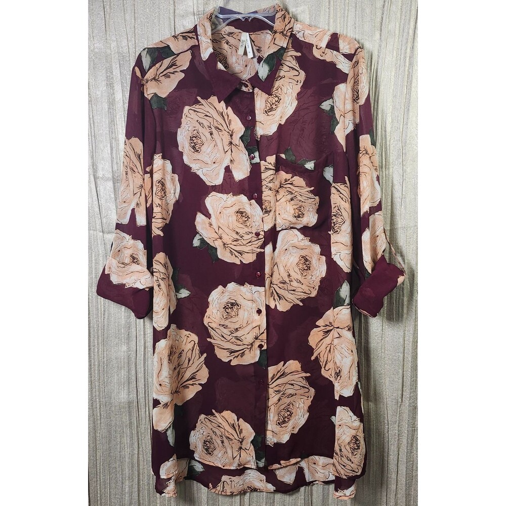 Sheer Burgundy Pink Rose Print Shirt Dress Roll Tab Long Sleeve Plus Size 1X - Picture 1 of 7